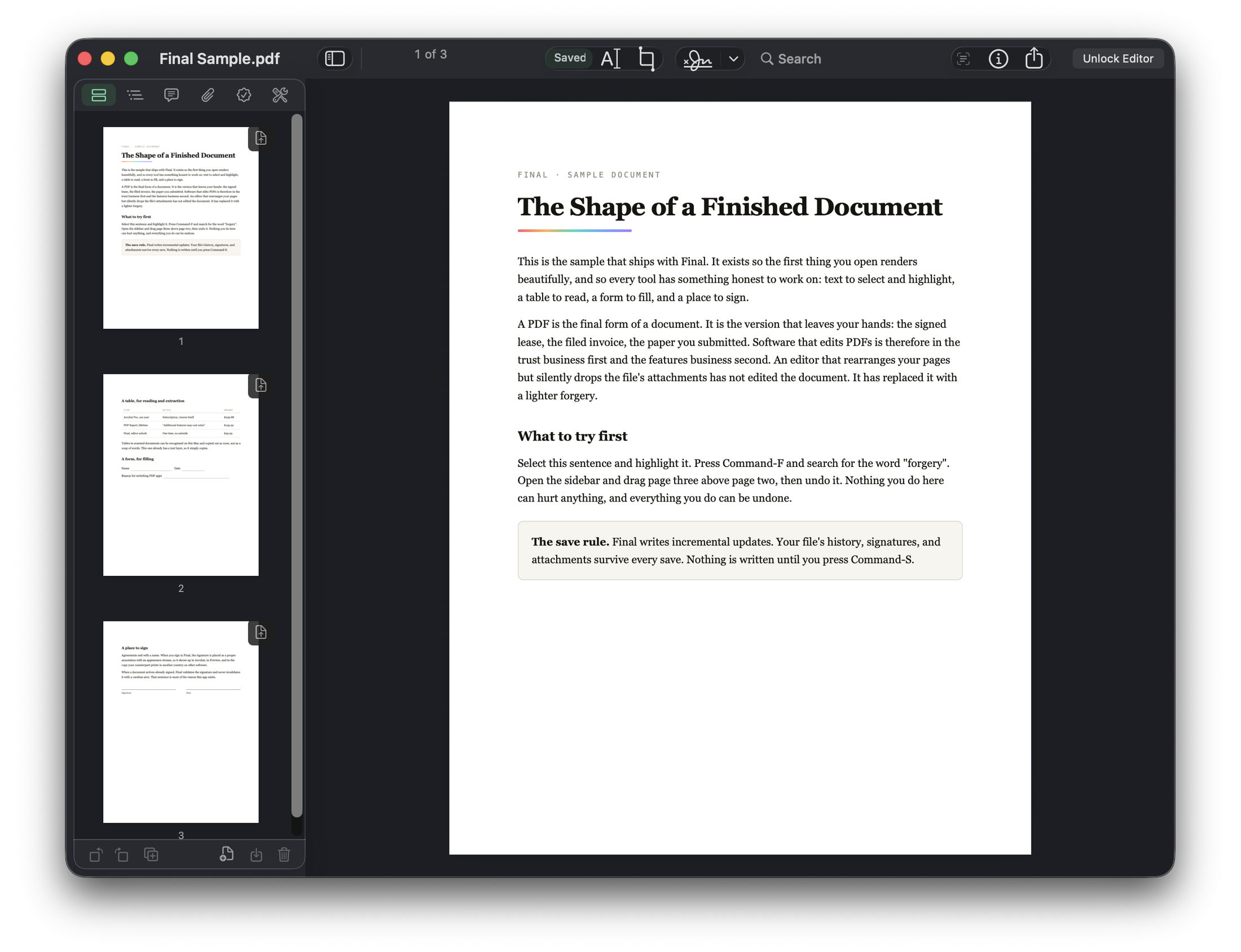 Final showing a three-page PDF with the thumbnail sidebar open, a page indicator reading 1 of 3, and search in the toolbar.